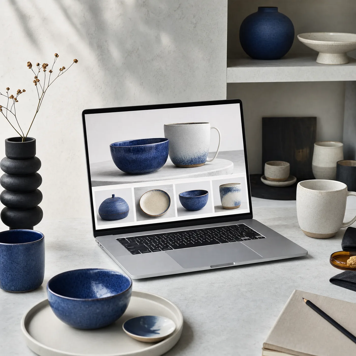 Illustration of a ceramics merchant workspace with a sample storefront on a laptop