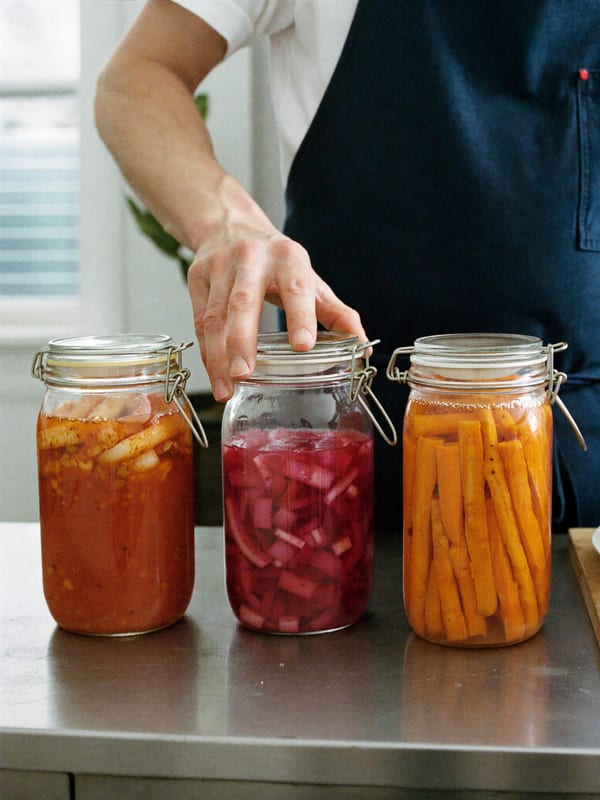 A cook lifts one of three jars of kimchi, pickled onions and carrots on a steel counter